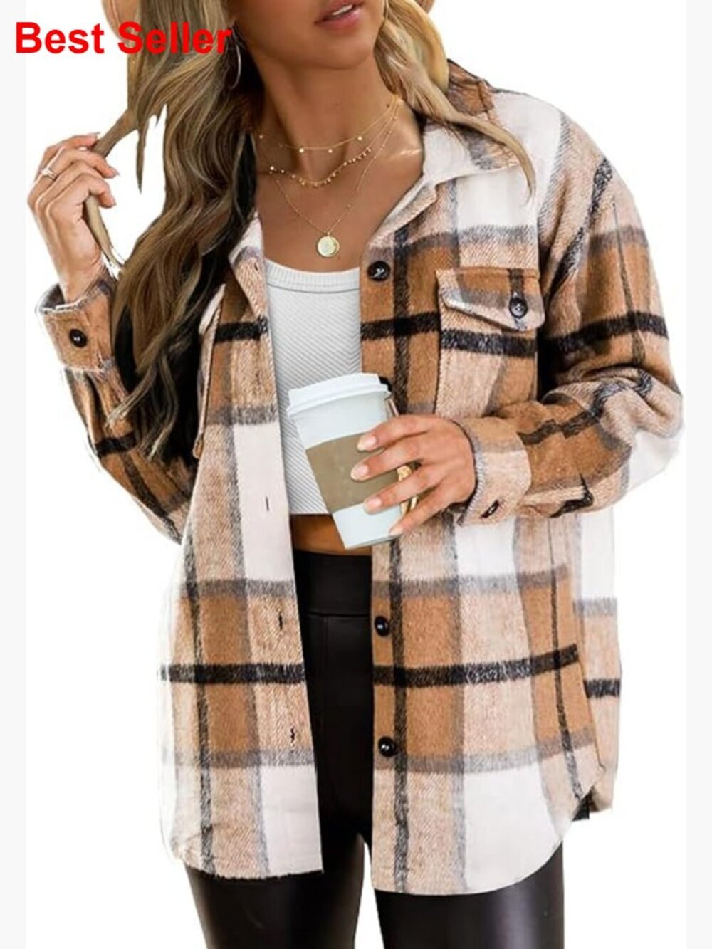 Flannel Shacket Plaid Button Down Long Sleeve Shirt Jacket Coat